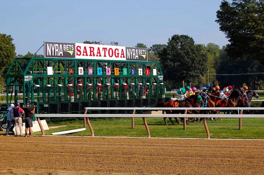 View of the horses leaving the starting gate at Saratoga Racetrack. One of the top things to do in Saratoga NY. 
