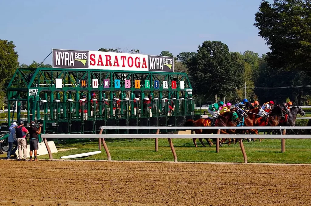 View of the horses leaving the starting gate at Saratoga Racetrack. One of the top things to do in Saratoga NY.