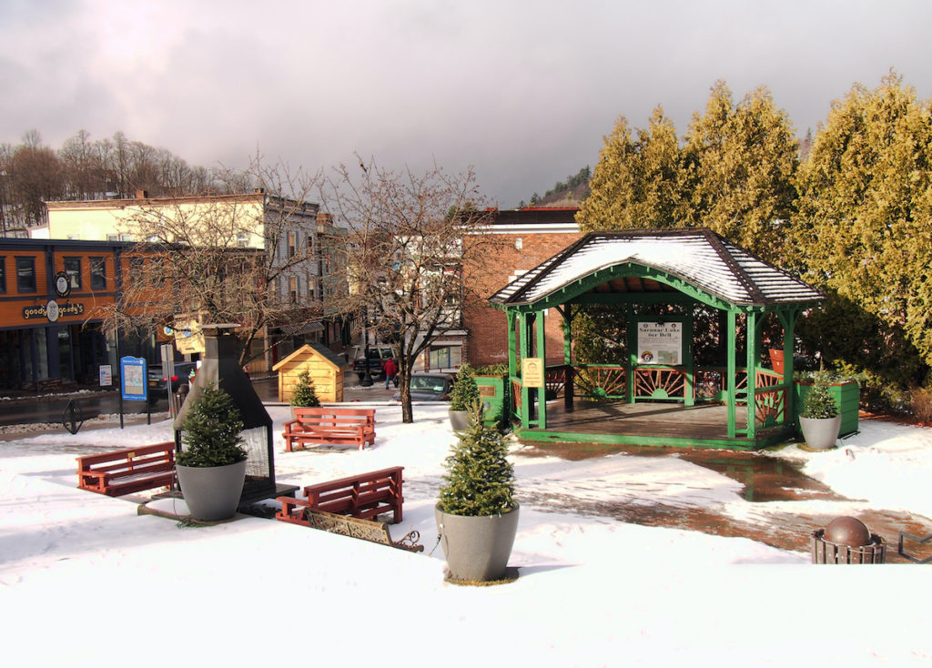 Snow on the ground in downtown Saranac Lake.