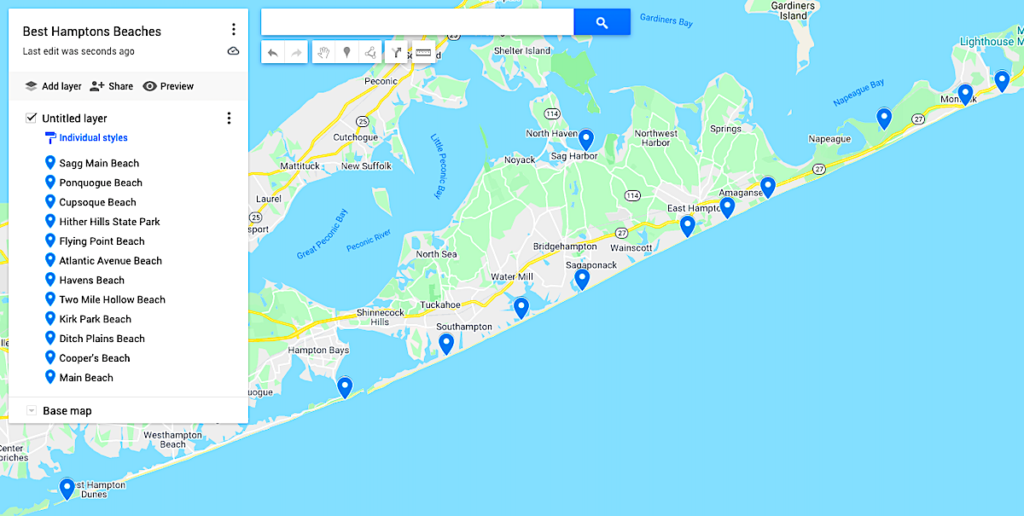 Map of the Best Hamptons Beaches.