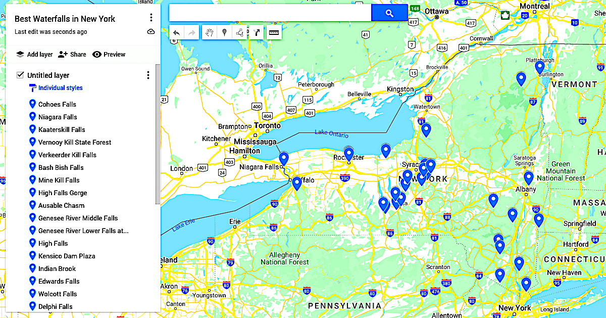 Map of the best waterfalls in New York