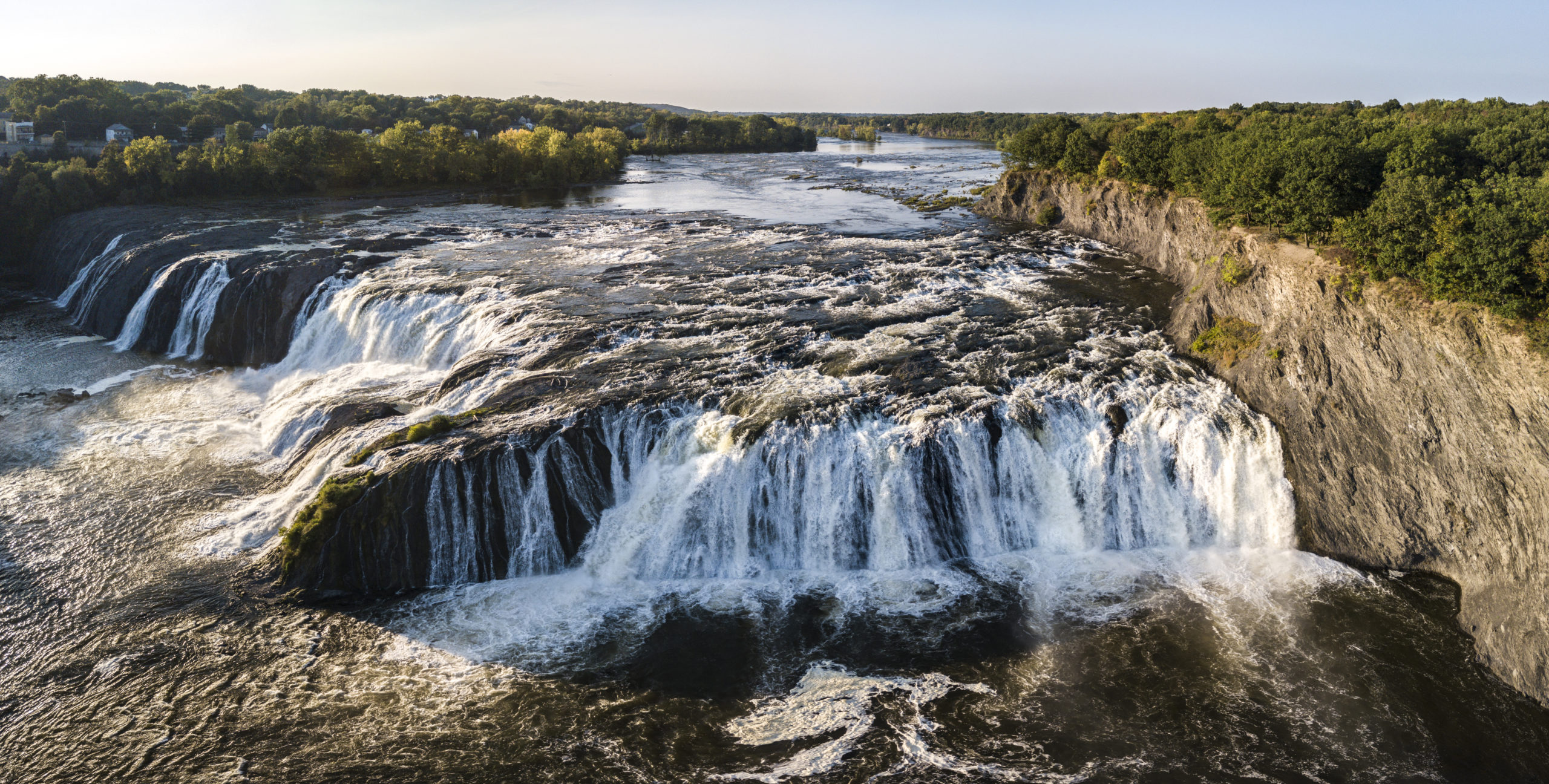 Aerial view of Cohoes Waterfall, one of the top waterfalls in New York