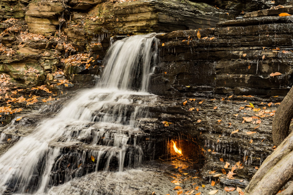 Flame behind Eternal Falme Waterfalls. One of the best waterfalls in New York near Buffalo. 