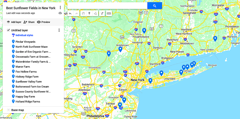 Map of the best sunflower fields in New York. 