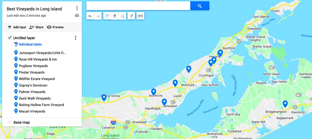 Map of the best vineyards in Long island. 