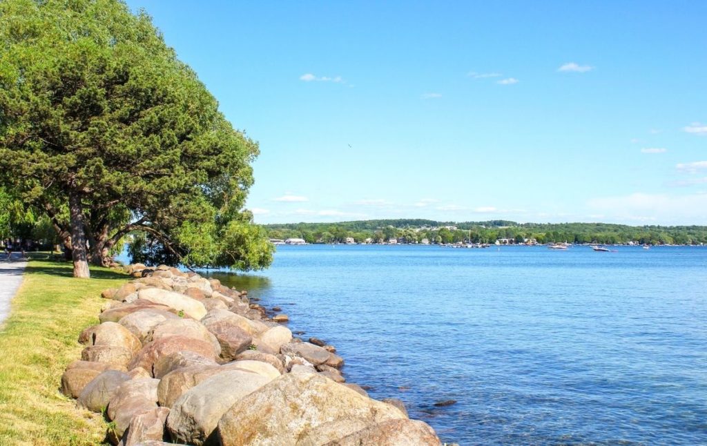 View of the Canandaigua Lake from the shore of one of the best lakes in New York. 