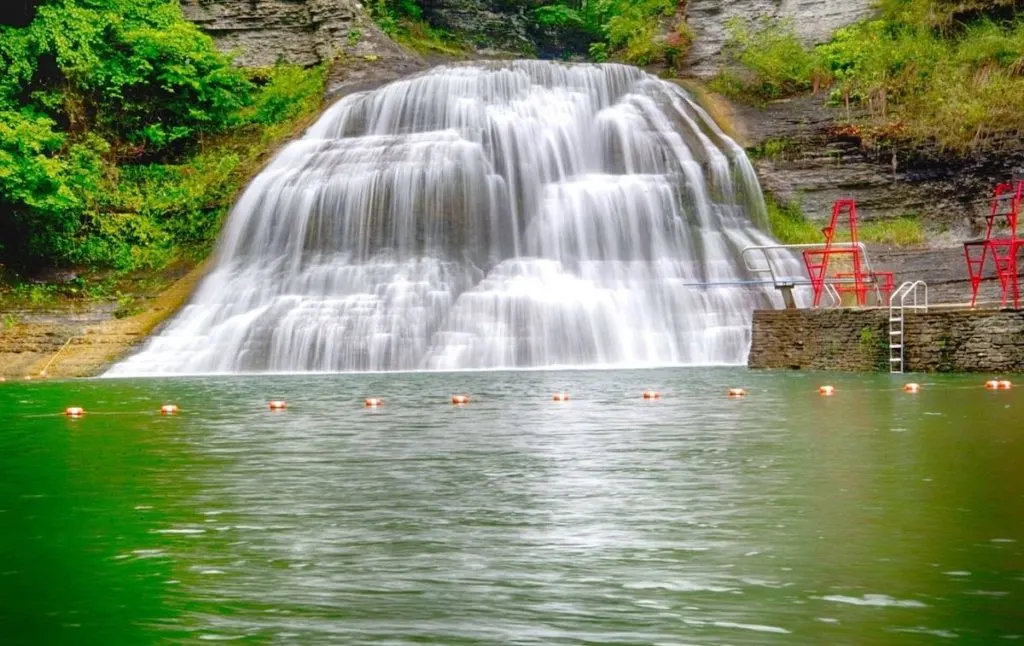 Enfield falls and the cool swimming hole that it empties into with buoys to make swimming here safe.