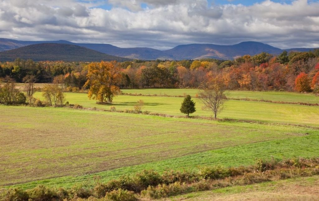Sprawling farmland during fall in the Catskills.