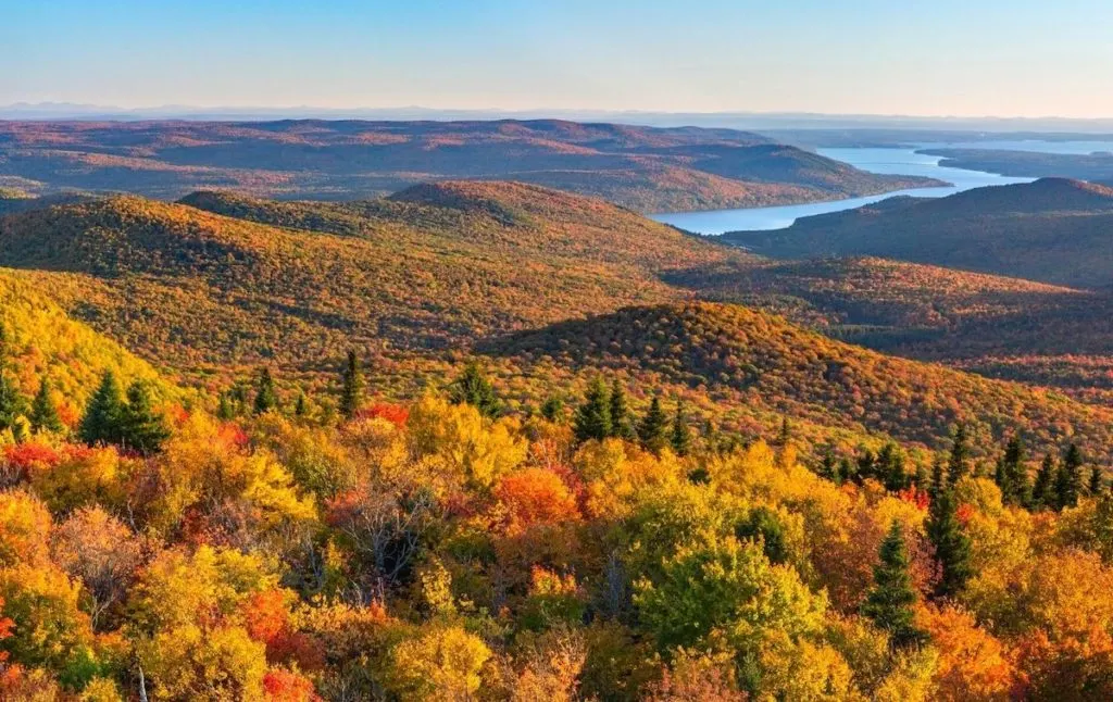 View of one of the best lakes in New York State, Great Sacandaga Lake, from the top of Hadley Mountain in the fall. 