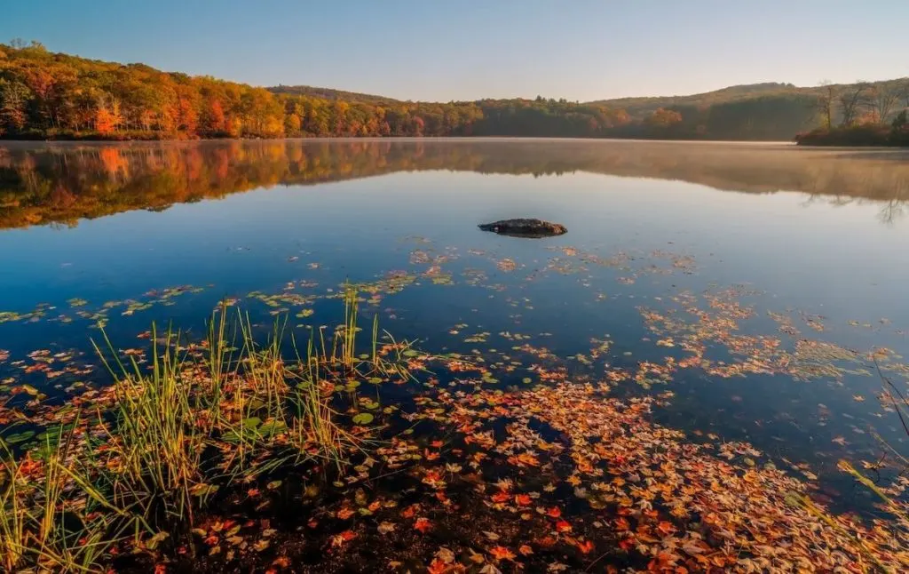 Lake in Harriman state park surrounded by fall foliage during one of the best hikes near NYC. 