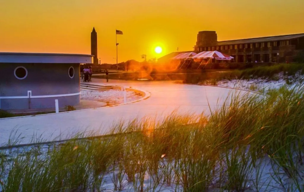 Sun setting over the boardwalk at Jones Beach which is home to one of the best hiking trails on Long Island. 