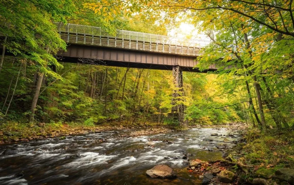 Bridge through the fall foliage of the Ken Lockwood Gorge, one of the best hiking trails near New York City. 