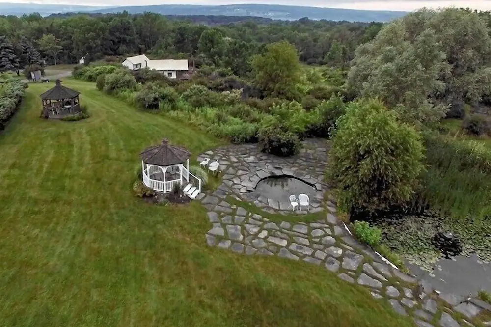 Aerial view of the grounds at the La Tourelle Spa and Boutique Hotel just outside Ithaca, one of the most romantic getaways in the Finger Lakes NY. 