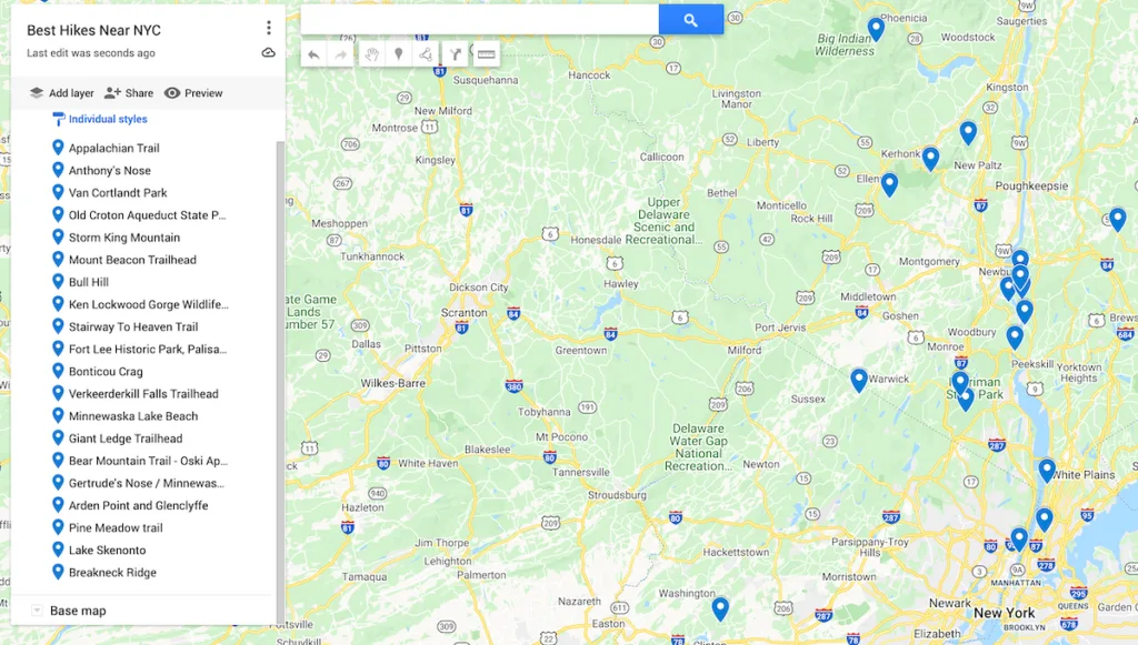 Map of the best hikes near NYC.