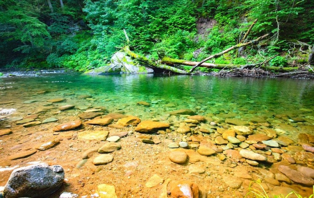 The bright blue waters of Peekamoose Blue Hole, one of the best swimming holes in NY in the Catskills. 