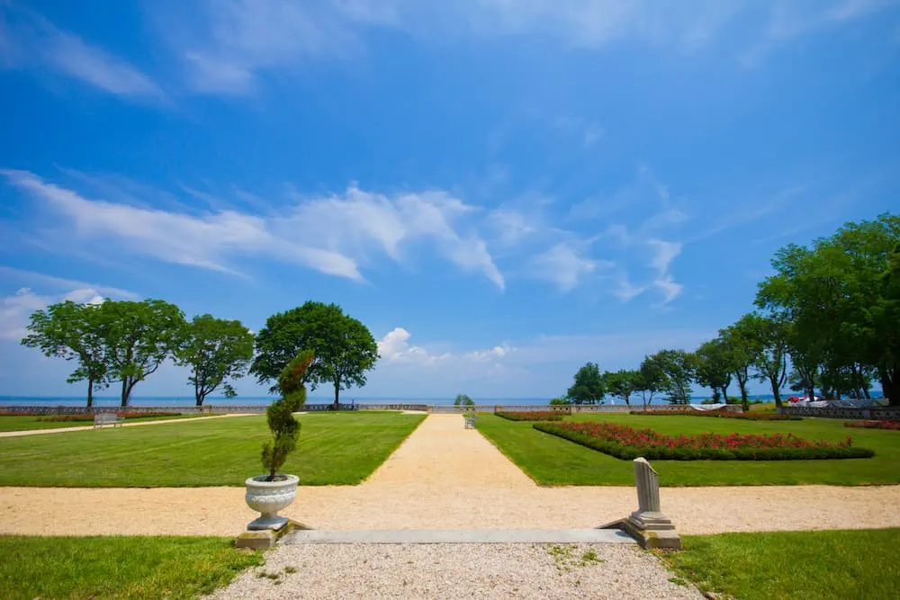 View of the grounds of Castle Gould at Sands Point Preserve, home to one of the best hiking trails on Long Island. 