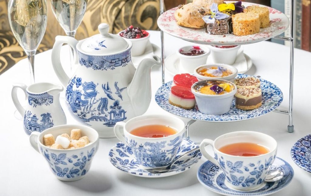 Afternoon tea presented on blue and white china at one of the most unusual restaurants in nyc. 
