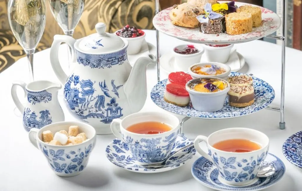 Afternoon tea presented on blue and white china at one of the most unusual restaurants in nyc. 