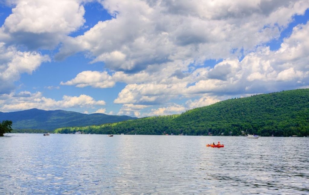 boats on a lake in the Adirondacks. 