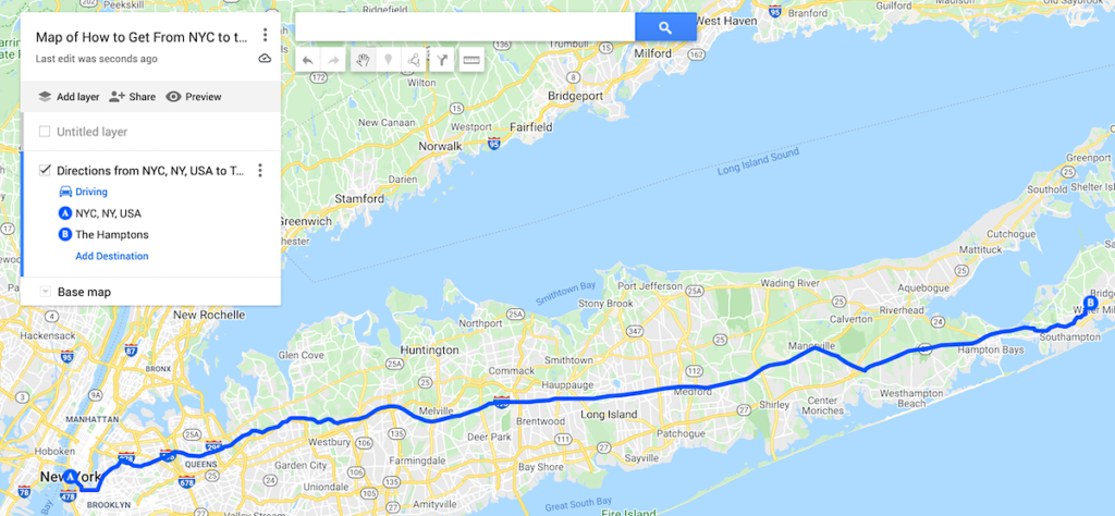 Map of Hot to Get from NYC to the Hamptons.