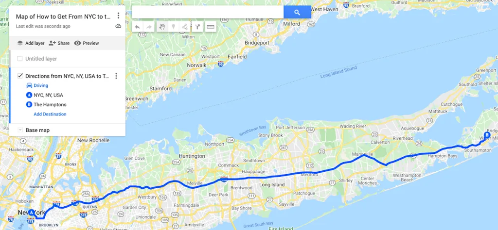 Map of Hot to Get from NYC to the Hamptons.
