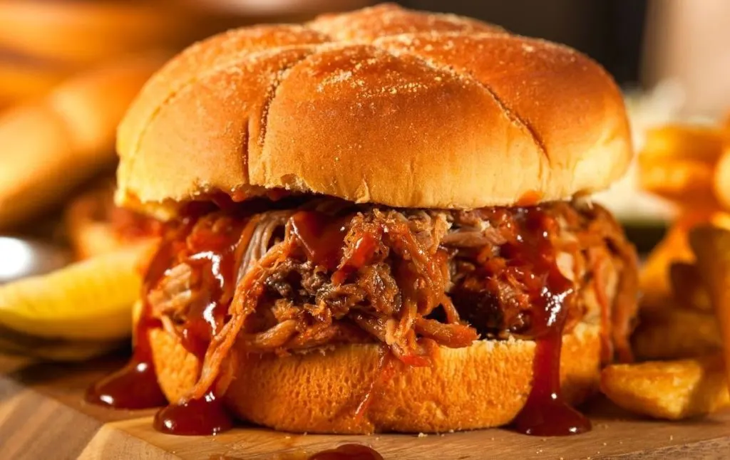 Pulled pork sandwich with sauce dribbling out of the bun from one of the most unique restaurants in NYC. 