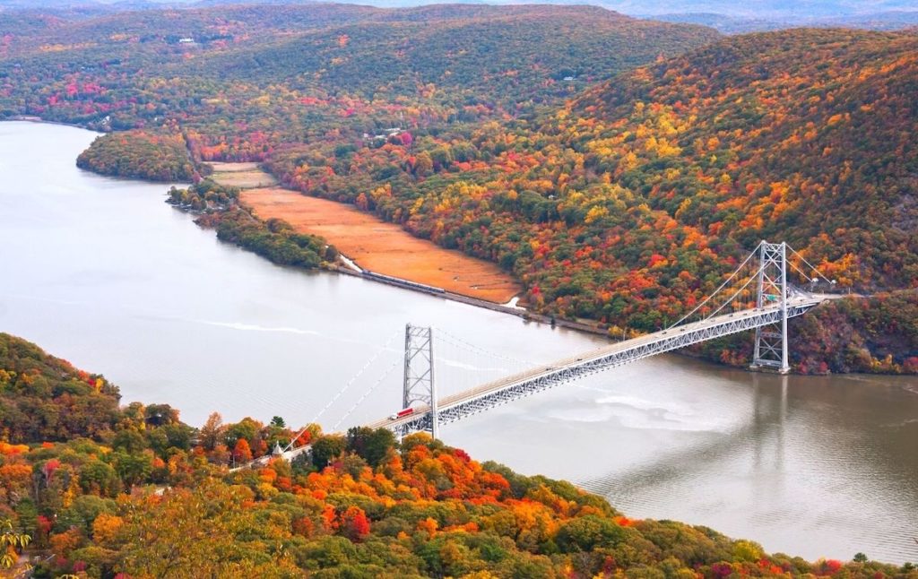 View of the Bear Mountain Bridge from Anthonys Nose hike in the fall. 