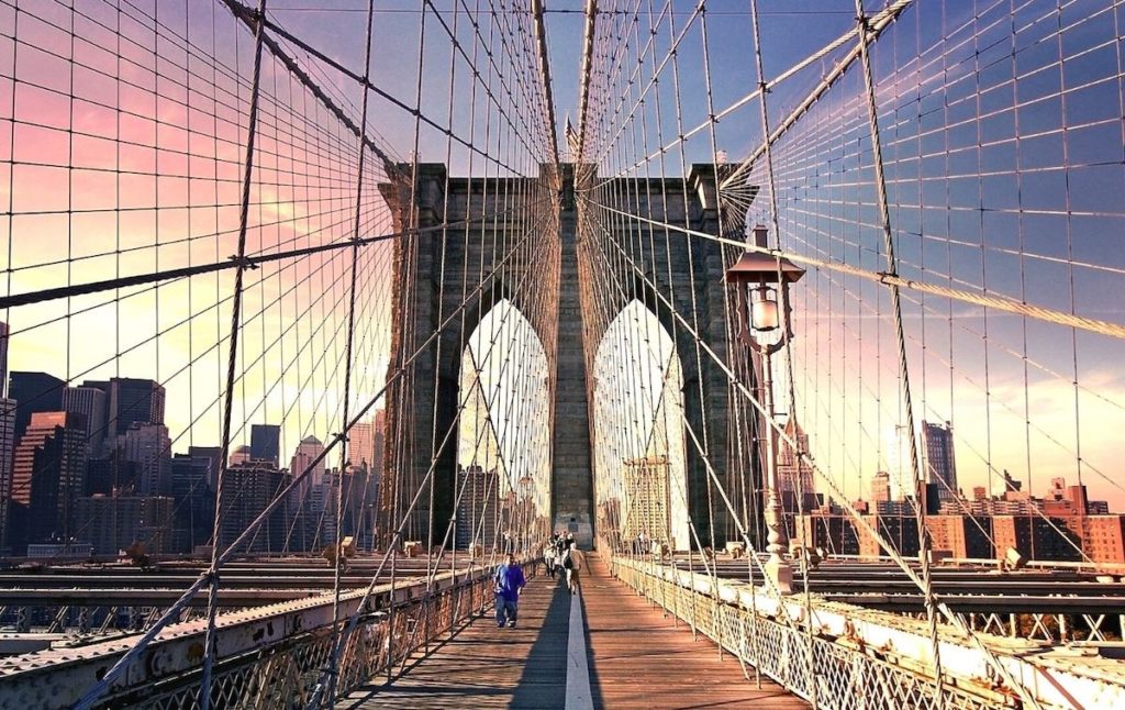 View of the Brooklyn Bridge at sunrise during 4 days in NYC. 