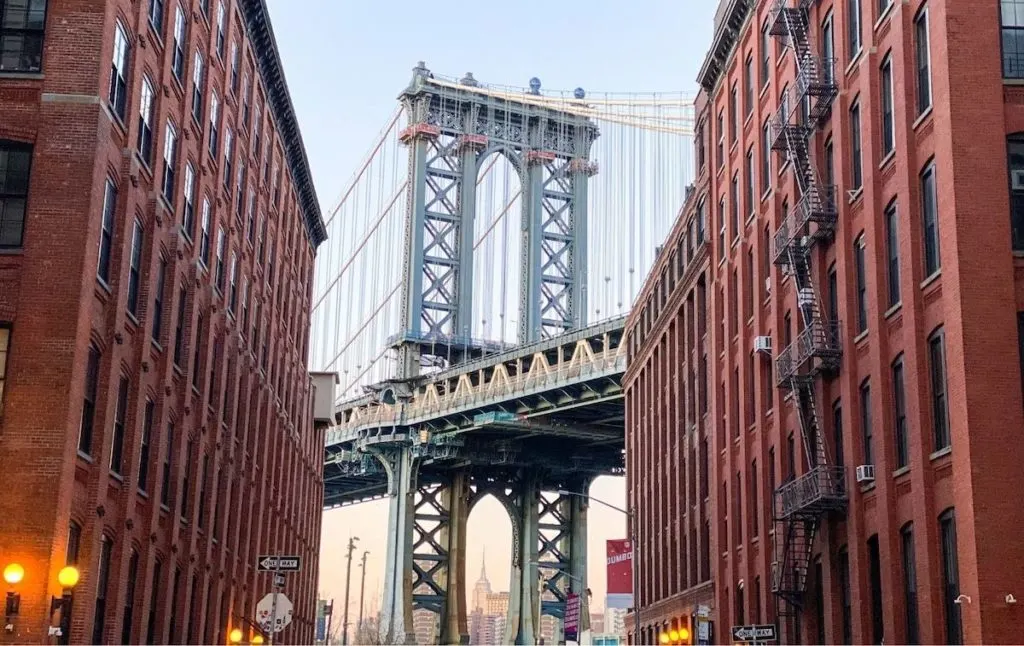 View of the Manhattan Bridge from the corner of Washington Street and Water Street. One of the best things to do during 4 days in New York City. 