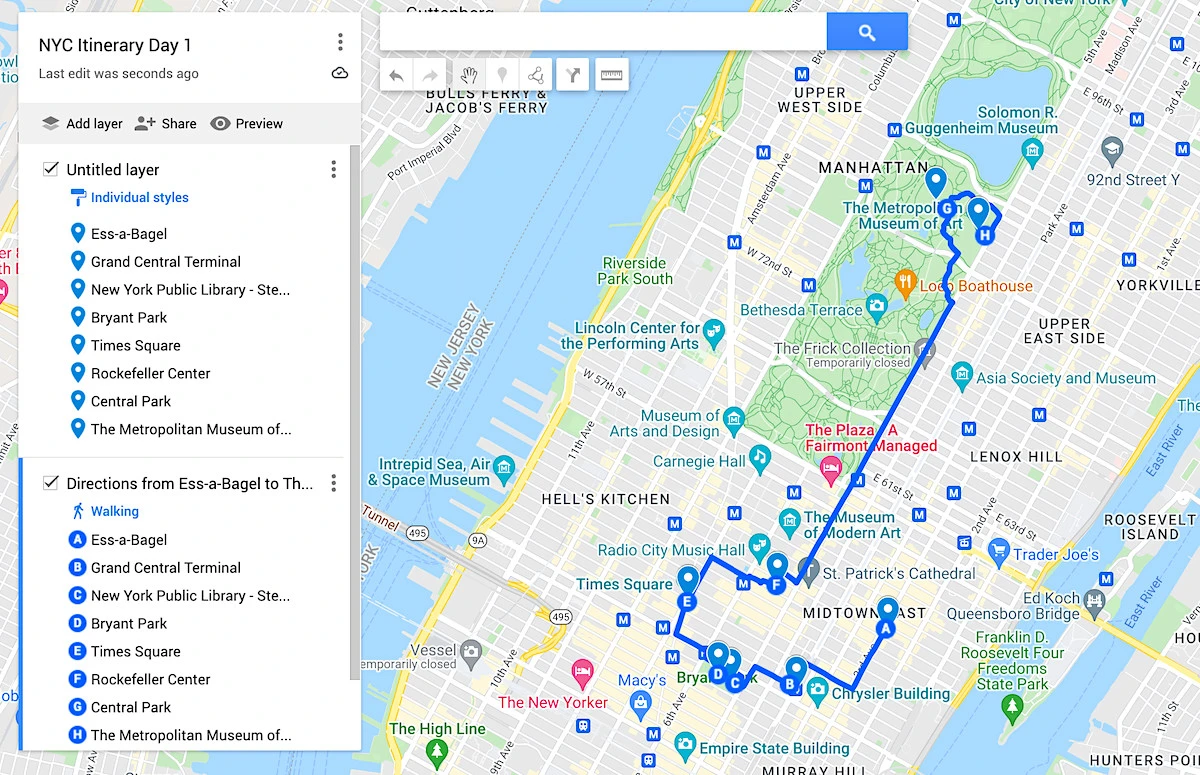 Map of Day 1 of 4 days in NYC. 