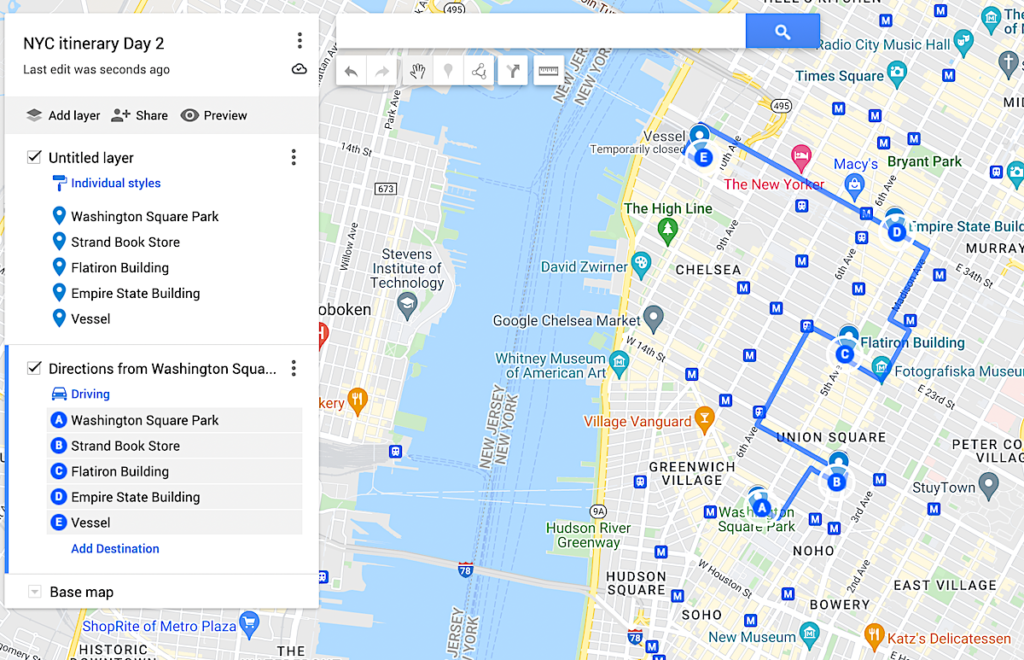 Map of day 2 of 4 days in New York City itinerary. 