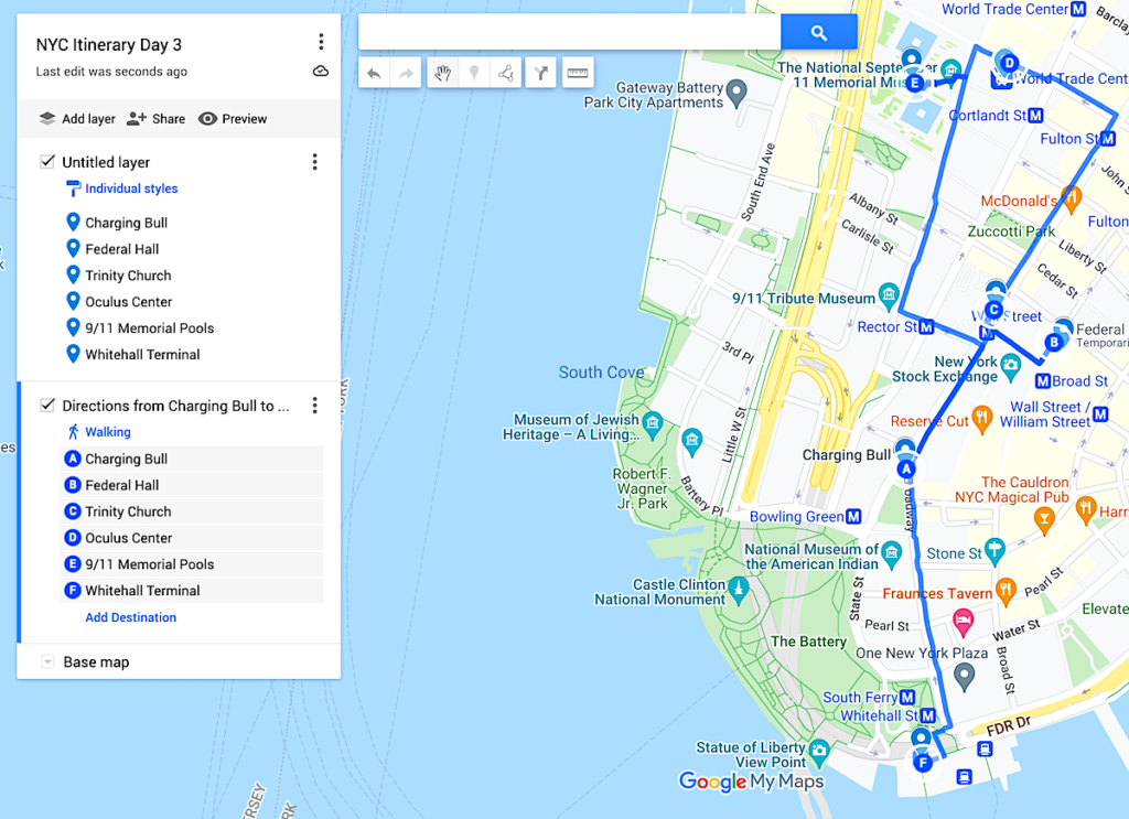 Map of day 3 of the 4 days in New York City itinerary. 