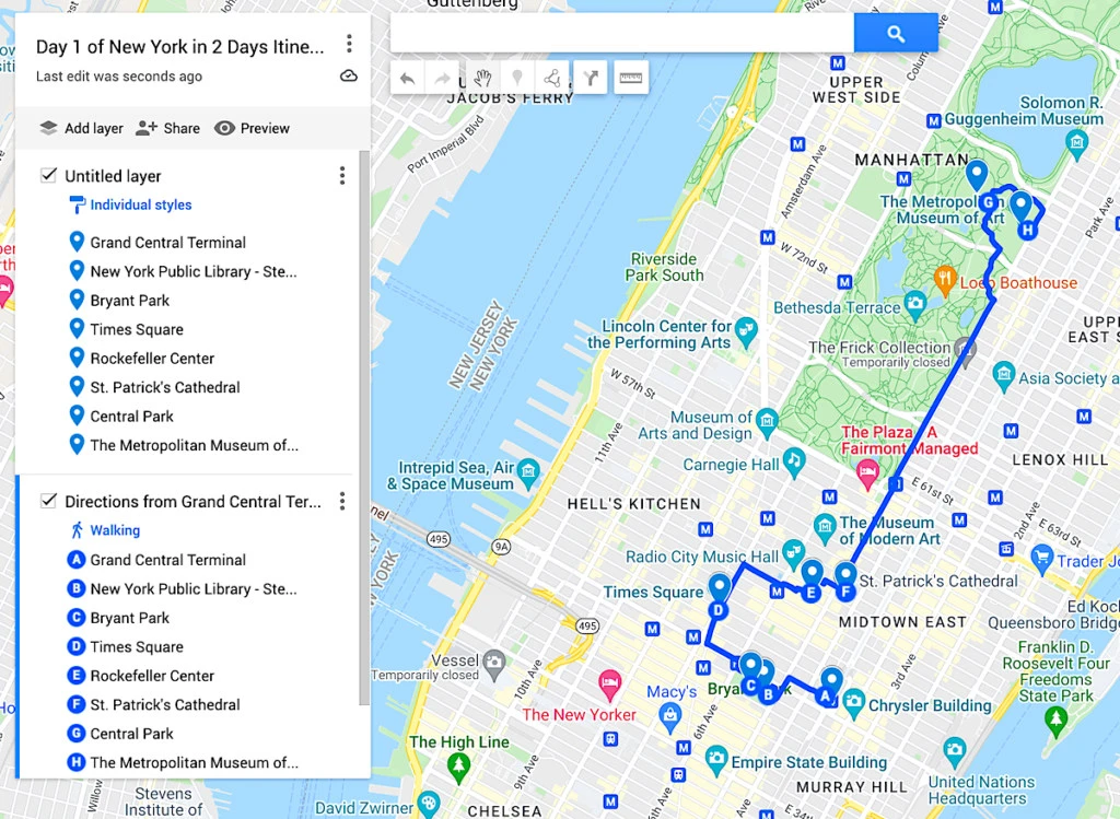 Map of Day 1 of New York in 2 days Itinerary. 