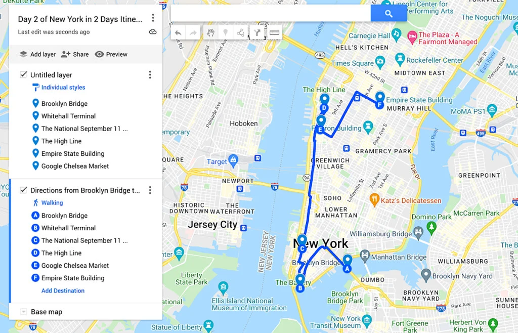 Map of Day 2 of New York in 2 Days Itinerary. 
