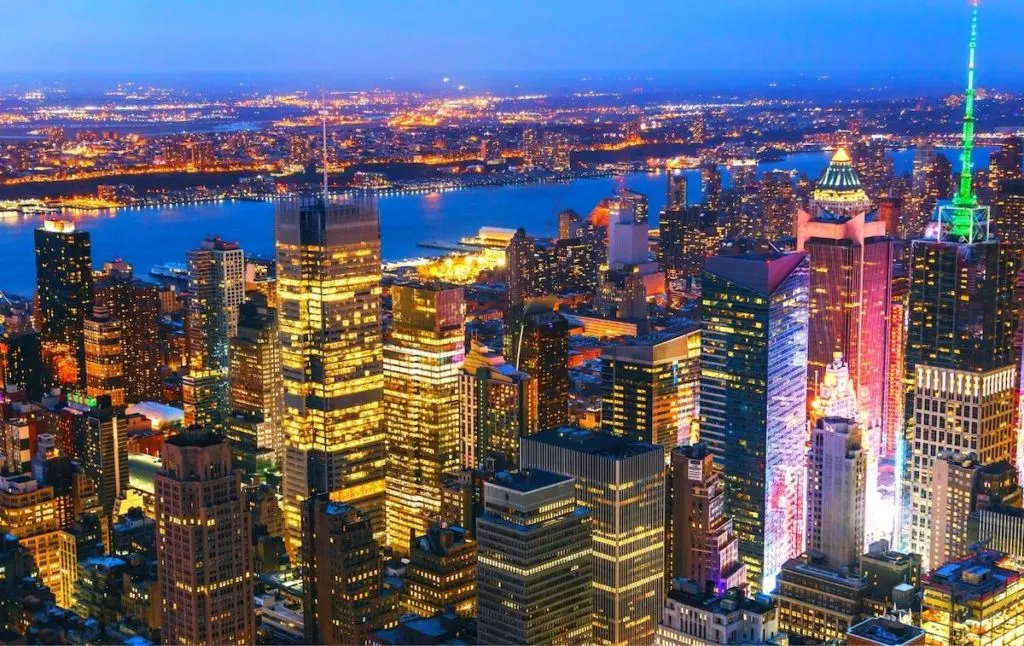 New York City all lit up in the evening. 