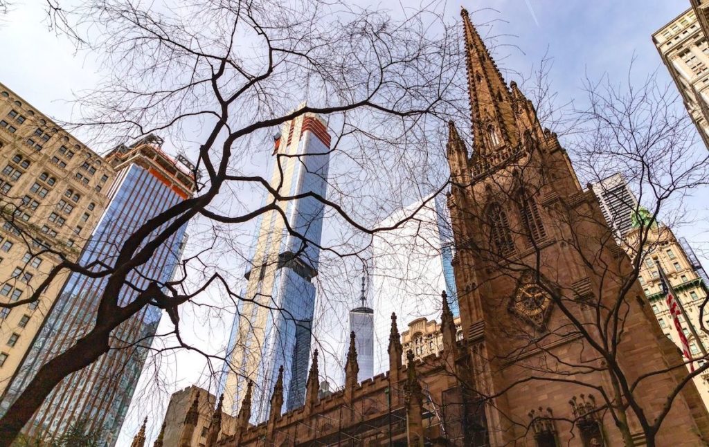 View of Trinity Church in Lower Manhattan. 