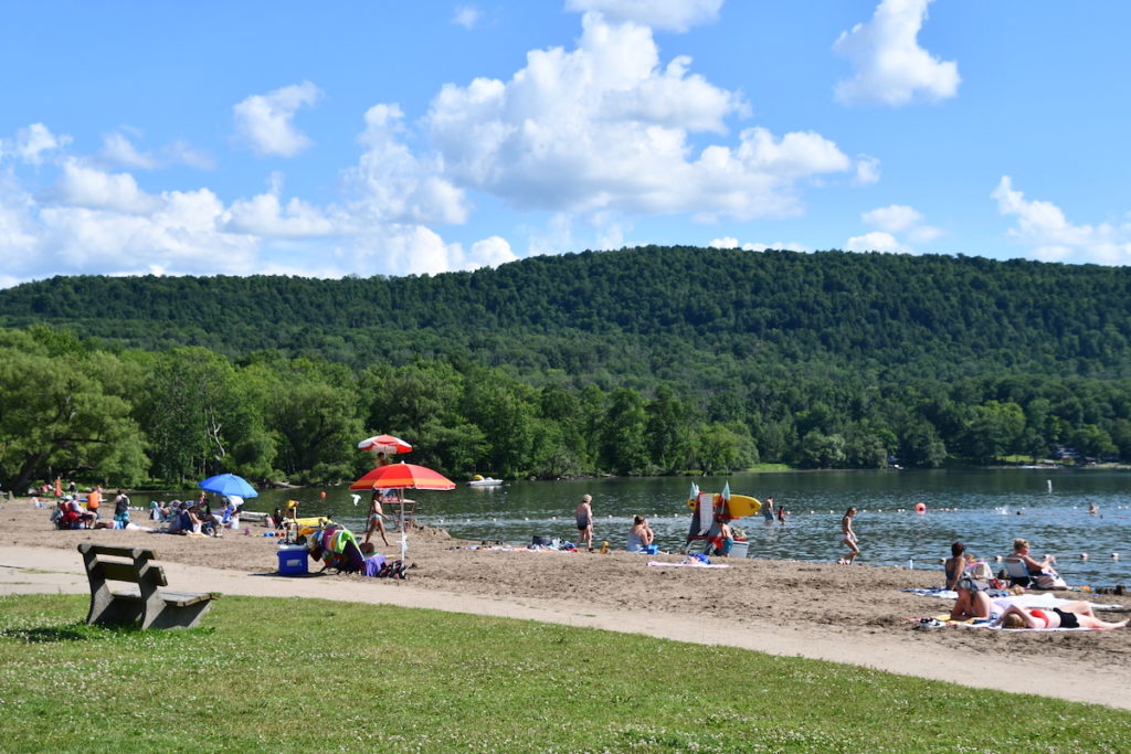 View of the beach at Giimmerglass State Park. 