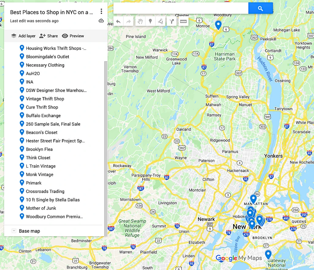 Map of the best places to shop in NYC on a budget. 