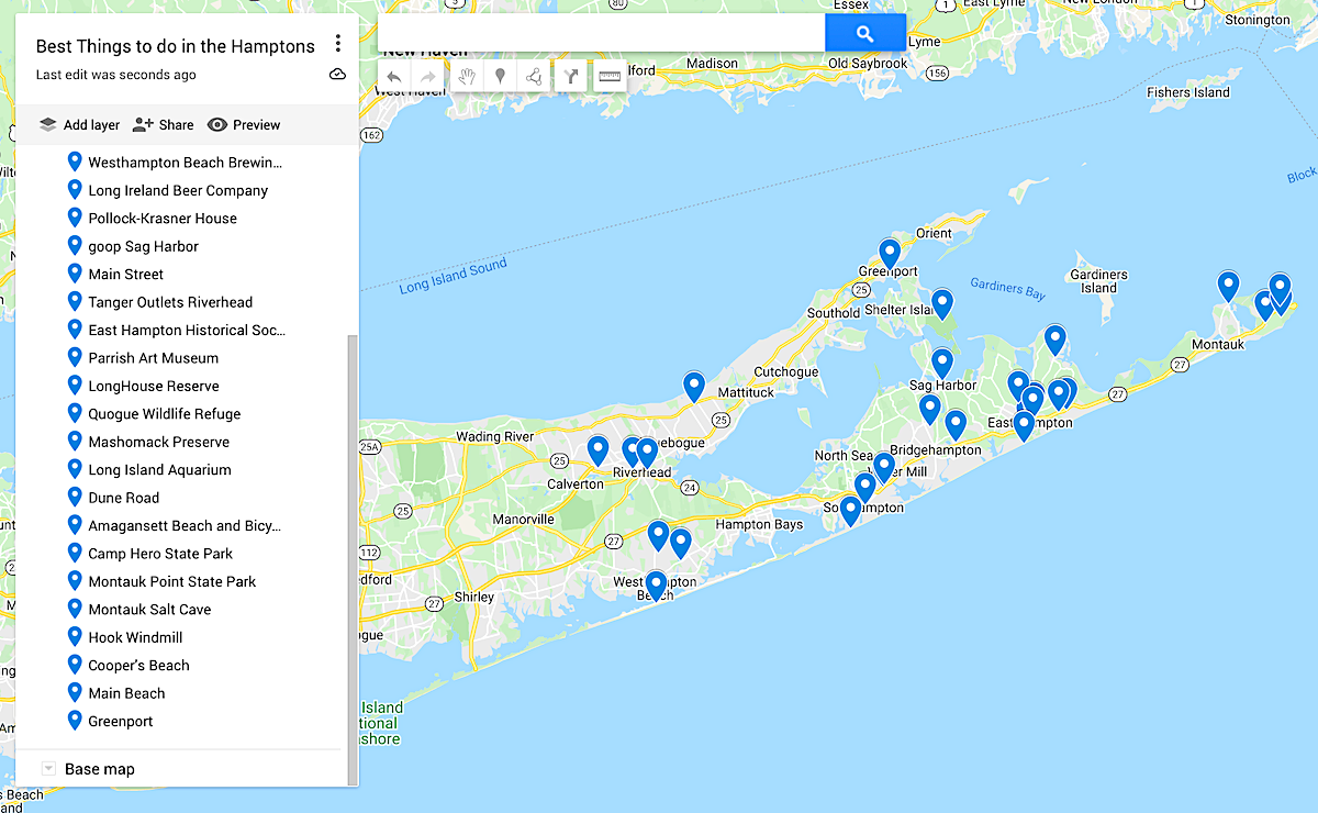 Map of the best things to do in the Hamptons. 