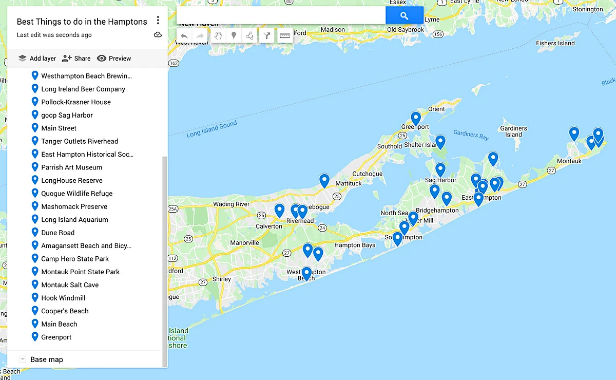 Map of the best things to do in the Hamptons. 