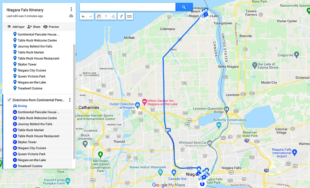 Niagara Falls itinerary map. 