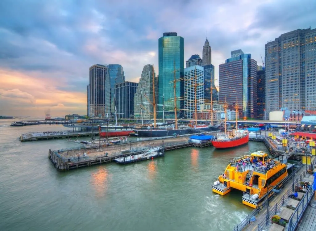 View of the historic south street seaport, one of the best free things to do in New York City. 