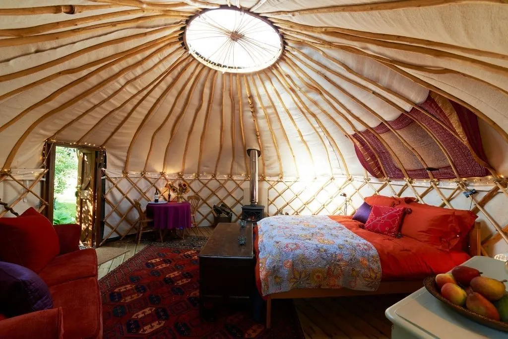 Interior of a yurt that is home to some of the best camping upstate NY has to offer. 