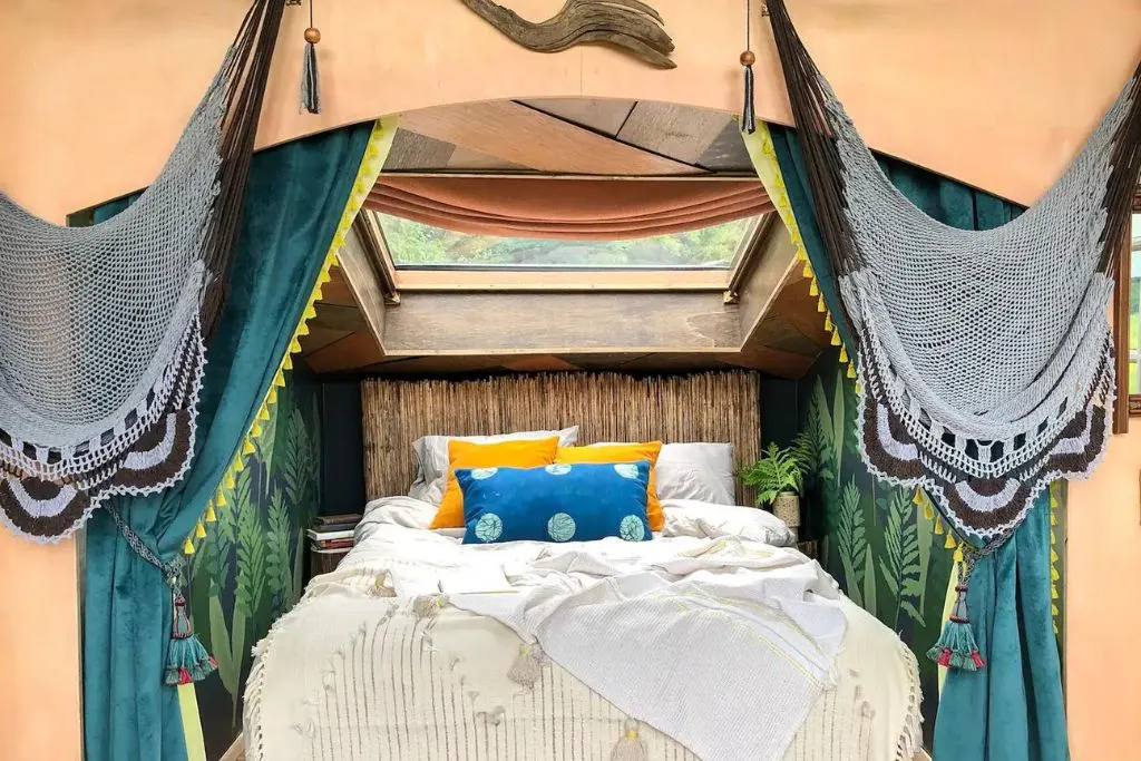 Boho interior of the Bird's Nest at Bellefire Farm in the Catskills. One of the best places to go glamping in New York. 