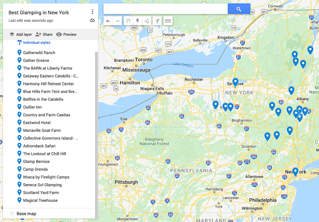 Best glamping in New york map