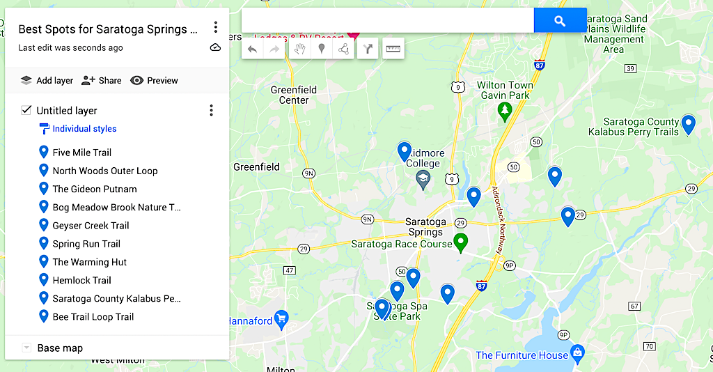 Map of the best hiking trails Saratoga Springs has. 