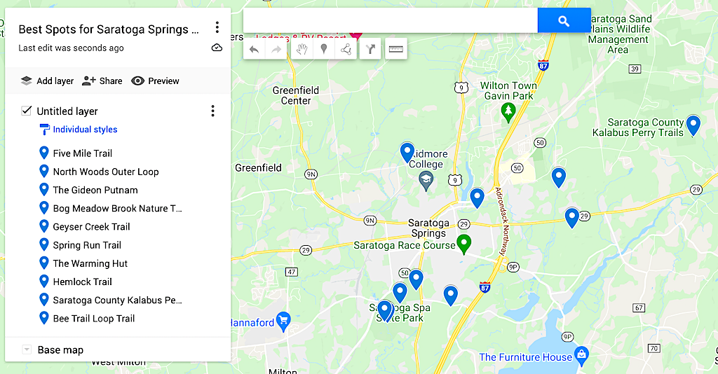 Map of the best hiking trails Saratoga Springs has.