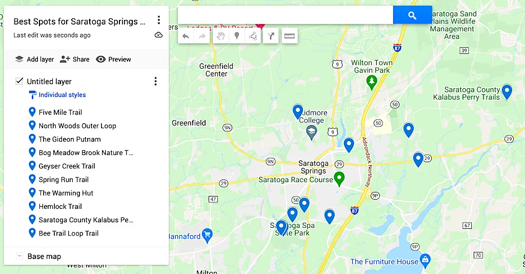 Map of the best hiking trails Saratoga Springs has. 