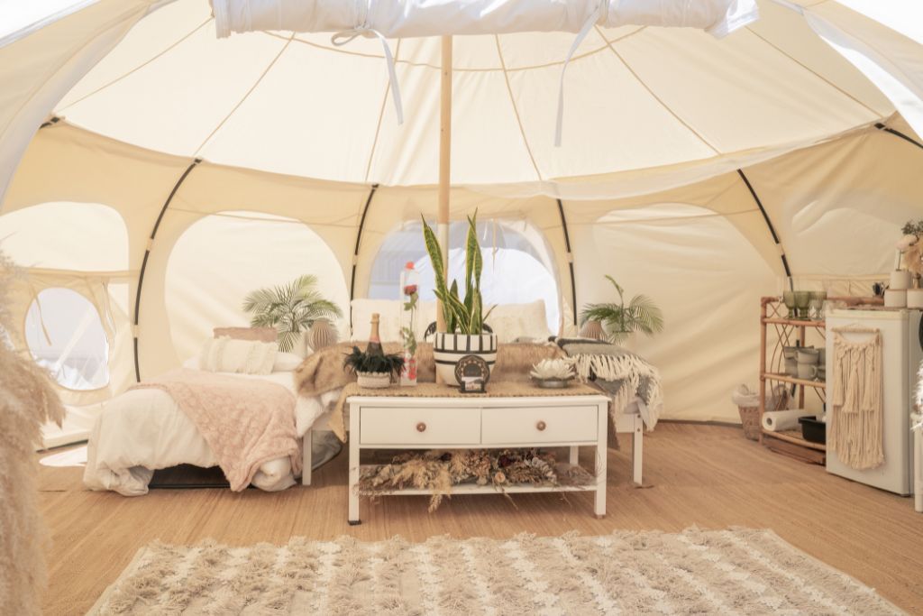 Vast interior of a glamping upstate NY tent. 