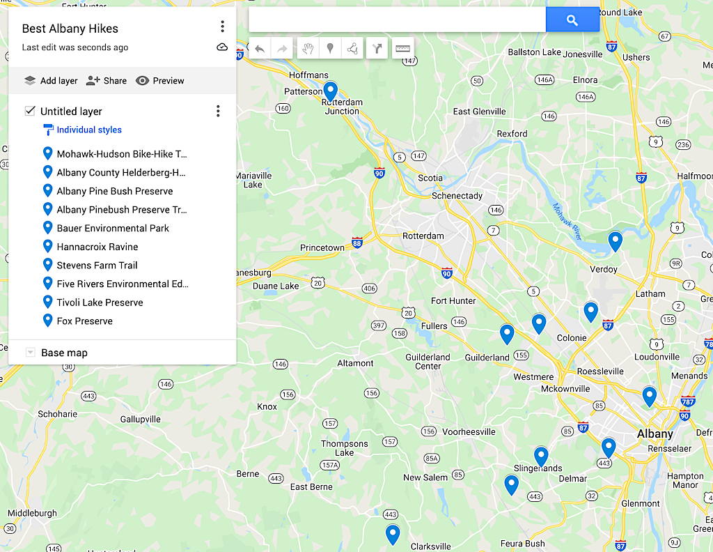 Map of the best hikes Albany has. 